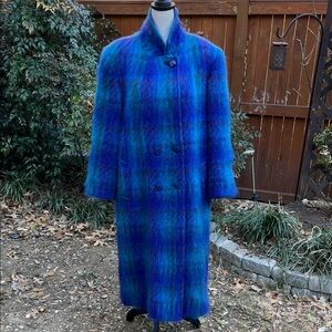 Blue and Green Plaid Women's Coat from mohair/ goat wool, excellent condition